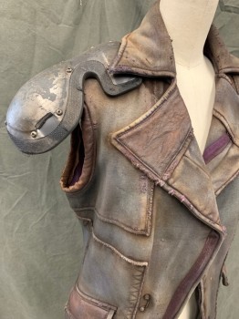 Womens, Sci-Fi/Fantasy Jacket, BEROCK, Gray, Brown, Cotton, Polyester, Solid, S, Sleeveless, Collar Attached, Notched Lapel, Button Holes with No Buttons, Aged/Distressed,  Brown Leather Flap Pockets, Lather Trim, 1 Exterior Sholder Pad, Hem Below Knee