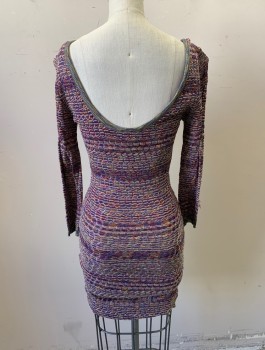 FREE PEOPLE, Purple, Ecru, Multi-color, Rayon, Cotton, Stripes - Horizontal , Speckled, Knit, Plunging Scoop Neck with 6 Button Placket, Clingy/Fitted, Knee Length **Shoulders Warped By Hanger