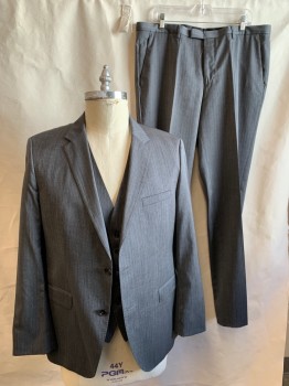 HUGO BOSS, Gray, Brown, Cream, Wool, Stripes - Pin, Gray with Brown/Cream Pinstripes, Single Breasted, Collar Attached, Notched Lapel, Hand Picked Collar/Lapel, 2 Buttons,  3 Pockets