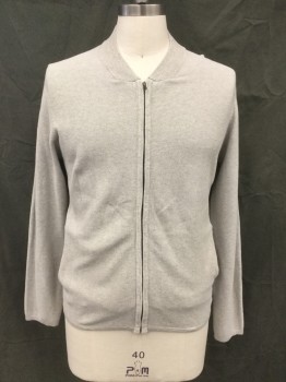 ZACHARY PRELL, Lt Gray, Cotton, Solid, Pique Knit, Zip Front, Ribbed Knit Stand Collar, Long Sleeves, 2 Pockets, Self Elbow Patches
