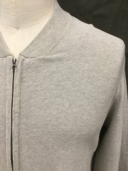 ZACHARY PRELL, Lt Gray, Cotton, Solid, Pique Knit, Zip Front, Ribbed Knit Stand Collar, Long Sleeves, 2 Pockets, Self Elbow Patches