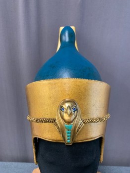 Mens, Historical Fiction Piece 8, MTO, Gold, Turquoise Blue, Fiberglass, Solid, Egyptian, Pschent,  Gold Deshret Crown, Gold Metal Eagle Front, Gold Beaded Band, Turquoise Bulbous Hedjet Crown *Cracked Behind Bulb*