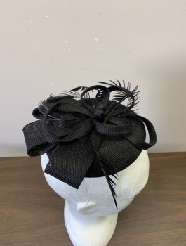 Womens, Fascinator, NL, Black, Straw, Solid, OS, Self Appliqué Detail, Trimmed Feathers