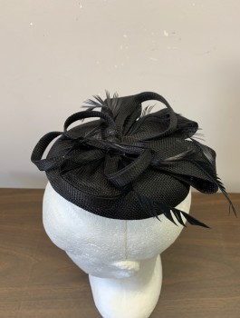 Womens, Fascinator, NL, Black, Straw, Solid, OS, Self Appliqué Detail, Trimmed Feathers