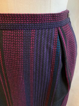 Womens, Skirt, PEPPER TREE, Black, Purple, Hot Pink, Blue, Wool, Abstract , Stripes, W33, 2 Pockets, 1 Button Left Side