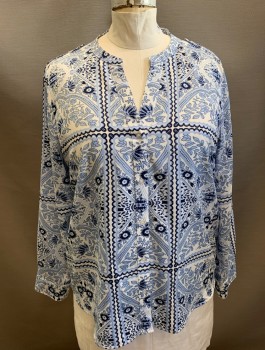 Womens, Blouse, CALVIN KLEIN, White, Lt Blue, Navy Blue, Polyester, Floral, XL, Long Sleeves, Button Front, Band Collar, V-neck, Epaulettes at Shoulders