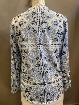 Womens, Blouse, CALVIN KLEIN, White, Lt Blue, Navy Blue, Polyester, Floral, XL, Long Sleeves, Button Front, Band Collar, V-neck, Epaulettes at Shoulders