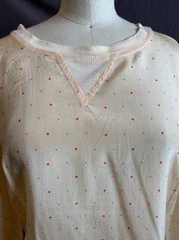 Womens, Top, MADEWELL, Beige, Red, Pink, Silk, Viscose, Polka Dots, XS, Crew Neck, Pullover, Long Sleeves