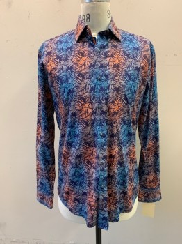 BUGATCHI, Navy Blue, Blue, Orange, Lt Gray, Cotton, Leaves/Vines , Ombre, Ombre Colored Palm Fronds, Long Sleeves, Button Front, Collar Attached, 1 Broken Button