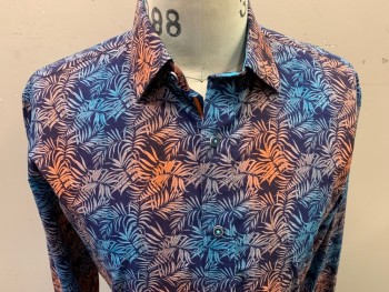 Mens, Casual Shirt, BUGATCHI, Navy Blue, Blue, Orange, Lt Gray, Cotton, Leaves/Vines , Ombre, 34/5, 15.5, Ombre Colored Palm Fronds, Long Sleeves, Button Front, Collar Attached, 1 Broken Button
