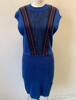 Womens, Dress, Sleeveless, PUBLIC SCHOOL, Royal Blue, Black, Fuchsia Pink, Cotton, Nylon, Solid, Stripes, S, Knit Sweater Dress, Black and Pink Panel at Center Front, Ribbed Crew Neck, Ribbed Dropped Waist, Hem Mini, 80's Inspired Retro