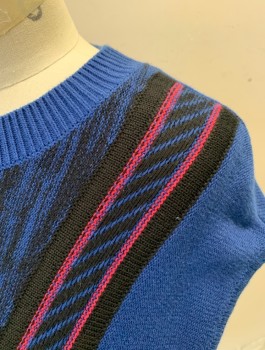 Womens, Dress, Sleeveless, PUBLIC SCHOOL, Royal Blue, Black, Fuchsia Pink, Cotton, Nylon, Solid, Stripes, S, Knit Sweater Dress, Black and Pink Panel at Center Front, Ribbed Crew Neck, Ribbed Dropped Waist, Hem Mini, 80's Inspired Retro