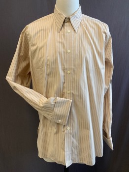 Mens, Shirt 1890s-1910s, DARCY, Lt Brown, Dk Brown, Cream, Cotton, Stripes - Vertical , 34, 15.5, Button Front, Collar Attached, Long Sleeves, French Cuffs