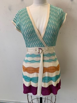 Womens, Dress, NO LABEL, Beige, Turquoise Blue, Purple, Orange, Viscose, Stripes, B38, Sleeveless, Low V Cut, on Back and Front, with Waist Belt, See Through