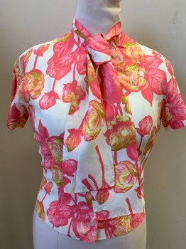 Womens, Blouse, ALICE STUART, Cream, Pink, Fuchsia Pink, Lt Green, Acetate, Floral, B36, Button Front, Short Sleeves, attached Tie Neck, Light Stain Center Front,