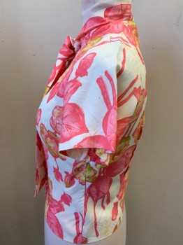 ALICE STUART, Cream, Pink, Fuchsia Pink, Lt Green, Acetate, Floral, Button Front, Short Sleeves, attached Tie Neck, Light Stain Center Front,