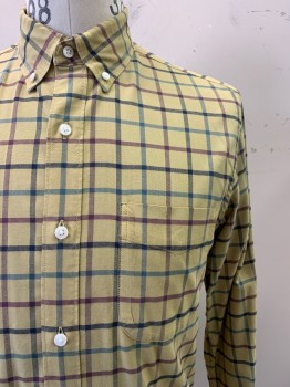 J. Crew, Dusty Yellow, Navy Blue, Red Burgundy, Blue, Cotton, Plaid - Tattersall, L/S, Button Front, Collar Attached, Chest Pocket