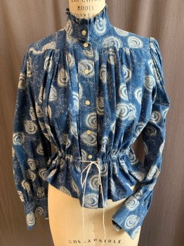 Womens, Blouse 1890s-1910s, MTO, Blue, White, Cotton, Abstract , B36, Button Front, Long Sleeves, Stand Collar with Ruffle, Drawstring Waist, Front and Back Yoke, Button Cuffs, Heavy Cotton