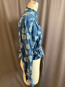 Womens, Blouse 1890s-1910s, MTO, Blue, White, Cotton, Abstract , B36, Button Front, Long Sleeves, Stand Collar with Ruffle, Drawstring Waist, Front and Back Yoke, Button Cuffs, Heavy Cotton