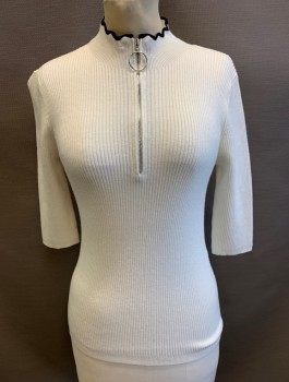 MAJE, White, Cotton, Polyamide, Solid, Rib Knit, 3/4 Sleeves, Mock Neck with Black Scallopped Edge, Silver Zipper with O Ring at Neck, Fitted