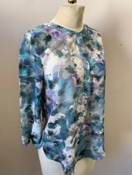 NYDJ, Multi-color, Aqua Blue, Mint Green, Gray, Lavender Purple, Polyester, Floral, Abstract , Watercolor Flowers Pattern, Crepe, 3/4 Sleeves, 5 Button Placket, Band Collar,  1 Welt Pocket, Cascade of Vertical Pleats at Center Back Neck