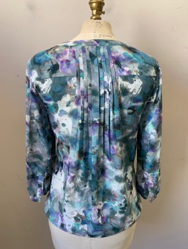 NYDJ, Multi-color, Aqua Blue, Mint Green, Gray, Lavender Purple, Polyester, Floral, Abstract , Watercolor Flowers Pattern, Crepe, 3/4 Sleeves, 5 Button Placket, Band Collar,  1 Welt Pocket, Cascade of Vertical Pleats at Center Back Neck
