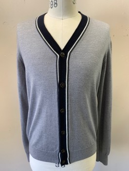 Mens, Cardigan Sweater, SAKS FIFTH AVENUE, Gray, Navy Blue, Cream, Wool, Solid, M, Knit, Navy, Cream and Gray Stripe Trim at Front Placket, V-neck, Button Front, Long Sleeves