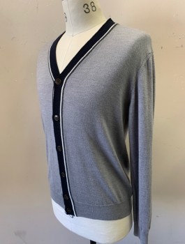 SAKS FIFTH AVENUE, Wool, Grey Knit And Navy, Cream and Gray Stripe Trim at Front Placket, V-neck, Button Front, L/S