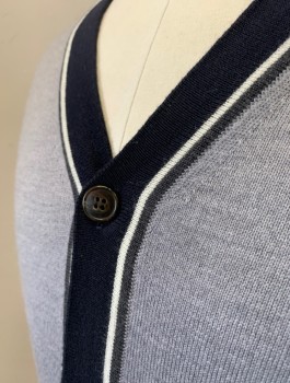 Mens, Cardigan Sweater, SAKS FIFTH AVENUE, Gray, Navy Blue, Cream, Wool, Solid, M, Knit, Navy, Cream and Gray Stripe Trim at Front Placket, V-neck, Button Front, Long Sleeves
