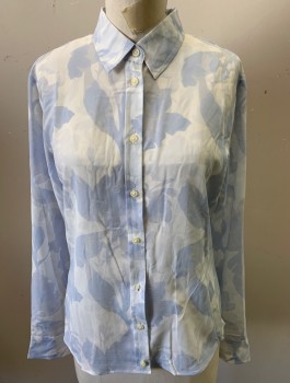 BANANA REPUBLIC, Powder Blue, White, Polyester, Floral, Long Sleeves, Button Front, Collar Attached, Vents at Side Seam Hems, **Has TV Alts to Take in at Waist