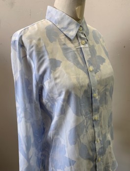 BANANA REPUBLIC, Powder Blue, White, Polyester, Floral, Long Sleeves, Button Front, Collar Attached, Vents at Side Seam Hems, **Has TV Alts to Take in at Waist