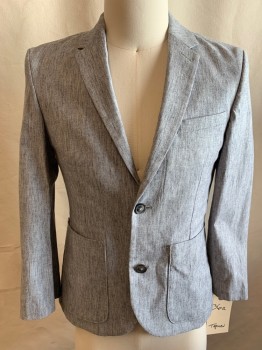 Mens, Sportcoat/Blazer, TOPMAN, Lt Gray, Cotton, Polyester, Heathered, 36 R, 2 Button Front, Notched Lapel, 3 Pockets,