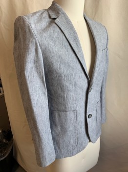 TOPMAN, Lt Gray, Cotton, Polyester, Heathered, 2 Button Front, Notched Lapel, 3 Pockets,