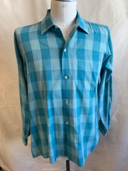 Mens, Casual Shirt, ARROW, Teal Blue, Lt Blue, Poly/Cotton, Check , L, L/S, Button Front, Chest Pocket, 1950s