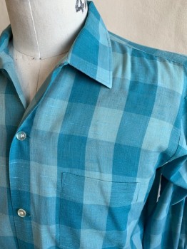 ARROW, Teal Blue, Lt Blue, Poly/Cotton, Check , L/S, Button Front, Chest Pocket, 1950s