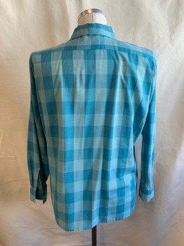 Mens, Casual Shirt, ARROW, Teal Blue, Lt Blue, Poly/Cotton, Check , L, L/S, Button Front, Chest Pocket, 1950s