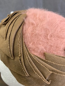 Womens, Hat, N/L, Mauve Pink, Brown, Wool, Silk, Plush Wooly Material with Contrasting Brown Grosgrain Edges with Intricately Folded Pleats, Removable Hat Pin with White Tip,  in Good Condition