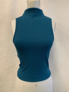 TOPSHOP, Teal Blue, Cotton, Solid, Textured Fabric, Mock Neck, Slvls, Rib Knit,