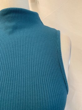 TOPSHOP, Teal Blue, Cotton, Solid, Textured Fabric, Mock Neck, Slvls, Rib Knit,