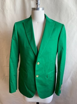 MOSCHINO, Green, Cotton, Elastane, Solid, SB.with Hand Pick Stitching Along C.A., Peaked Lapel, 2 Flap Pockets, CB Vent,