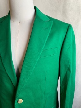 MOSCHINO, Green, Cotton, Elastane, Solid, SB.with Hand Pick Stitching Along C.A., Peaked Lapel, 2 Flap Pockets, CB Vent,