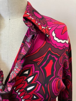 TRINA TURK, Red, Hot Pink, Black, Red Burgundy, White, Polyester, Floral, Abstract , C.A., V-N, L/S, Ruffle Trim Down Front, Snap Front,