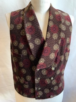 Mens, Historical Fiction Vest, MTO, Coffee Brown, Chocolate Brown, Tan Brown, Red Burgundy, Rayon, Floral, Medallion Pattern, 40, Double Breasted, Shawl Collar, Double Breasted, 4 Pockets, Velveteen