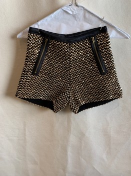 Womens, Shorts, TOSKO, Black, Gold, Polyester, XS, Slant Zip Pockets, Gold Embroidery, Gold Sequins