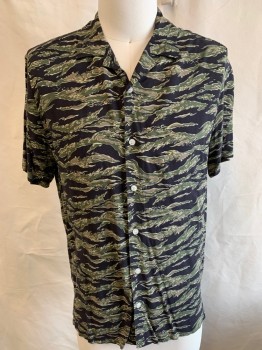 TOPMAN, Black, Olive Green, Lt Brown, Viscose, Camouflage, S/S, Button Front
