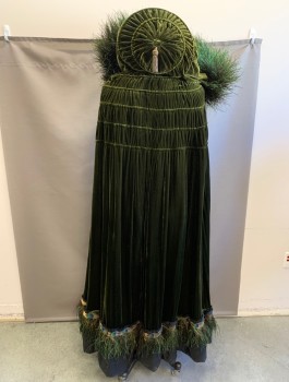 Unisex, Sci-Fi/Fantasy Cape/Cloak, N/L MTO, Dk Olive Grn, Green, Cotton, Feathers, Crushed Velvet, Ostrich Feather Trim Around Hood Opening and Hem, Floor Length, Open Center Front with 1 Hook/Eye Closure, Hood and Shoulders are Structured with Boned Hoops, Made To Order