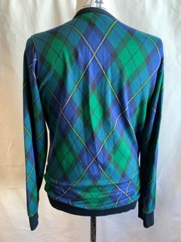 HAWKINGS MCGILL, Green, Teal Blue, Royal Blue, Yellow, Black, Cotton, Polyester, Argyle, Solid Black Placket/Waistband, V-neck, 6 Buttons, 2 Pockets
