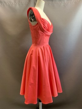 Candice Gwinn, Coral Pink, Silk, Solid, Sleeveless, Sweetheart Neckline with Drape, Side Pockets, Side Zipper, Retro 1950's