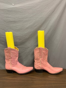 Womens, Cowboy Boots, WILD WILD WEST, Pink, Leather, 7.5, Stitched Pattern, Black Low Block Heel