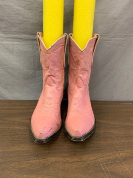 Womens, Cowboy Boots, WILD WILD WEST, Pink, Leather, 7.5, Stitched Pattern, Black Low Block Heel